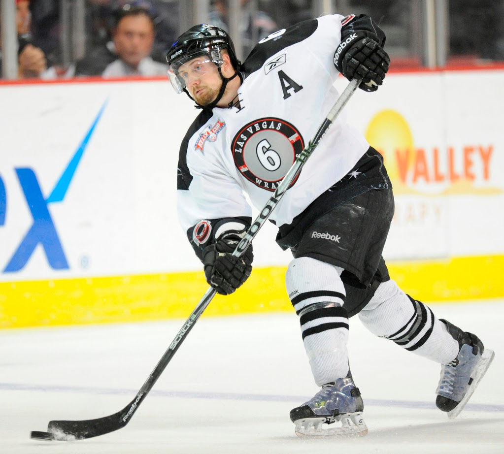 Las Vegas' Barry Goers fires a slap shot on a Las Vegas power play in the first period of Game 2 of the ECHL Kelly Cup Finals playoff hockey game between the Florida Everblades and the Las Vegas Wranglers at Orleans Arena in Las Vegas Tuesday May 15, 2012. (Josh Holmberg/LAS VEGAS REVIEW-JOURNAL)